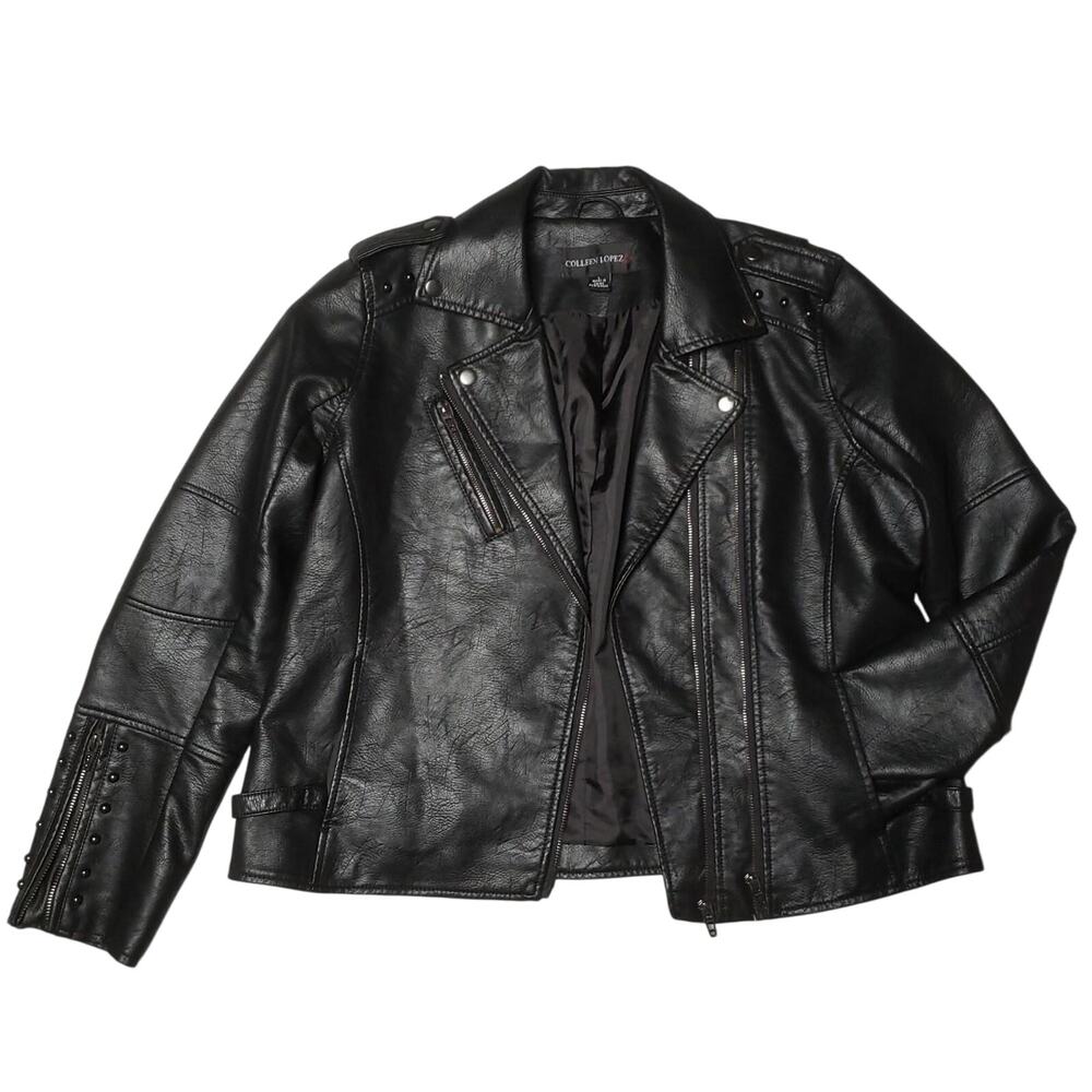 Colleen Lopez Womens Moto Biker Faux Leather Jacket Black Studded Large